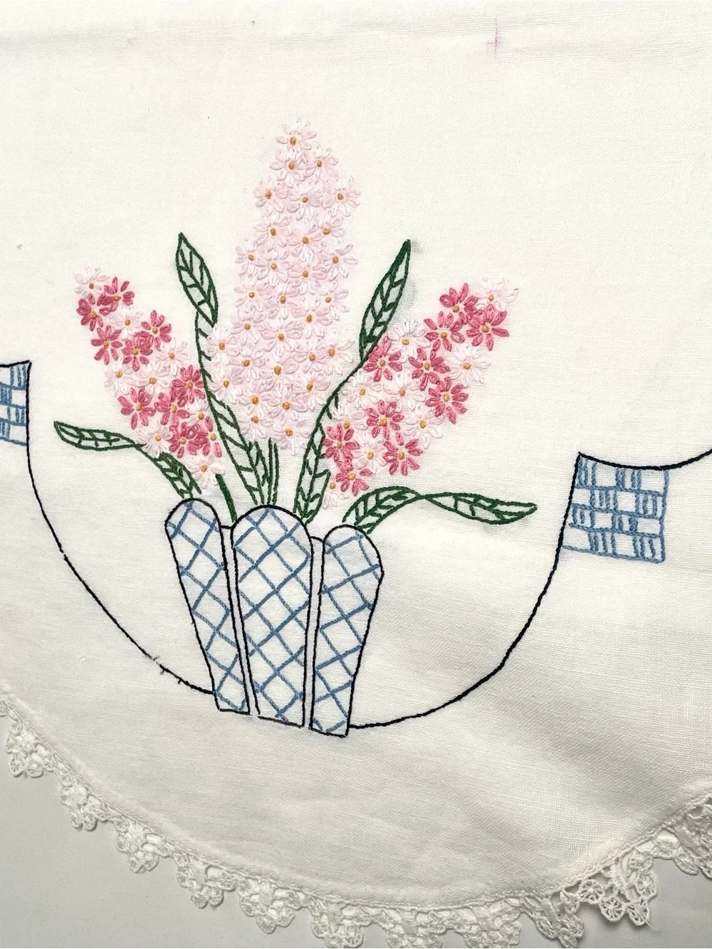 Vintage Hand Embroidered Table Runner Dresser Scarf Set Pink Floral Crochet Lace